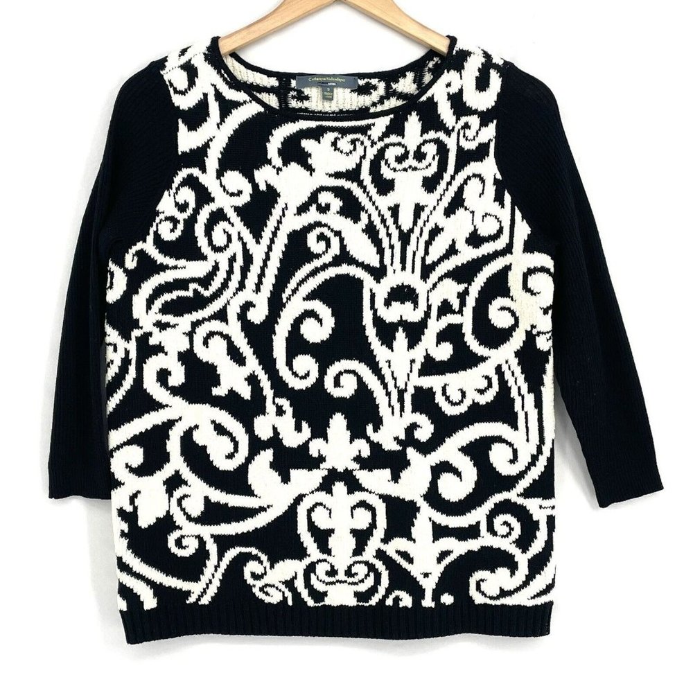 Catherine Malandrino Black Beige Jacquard Swirl Scroll Soft Sweater Women’s Sz S